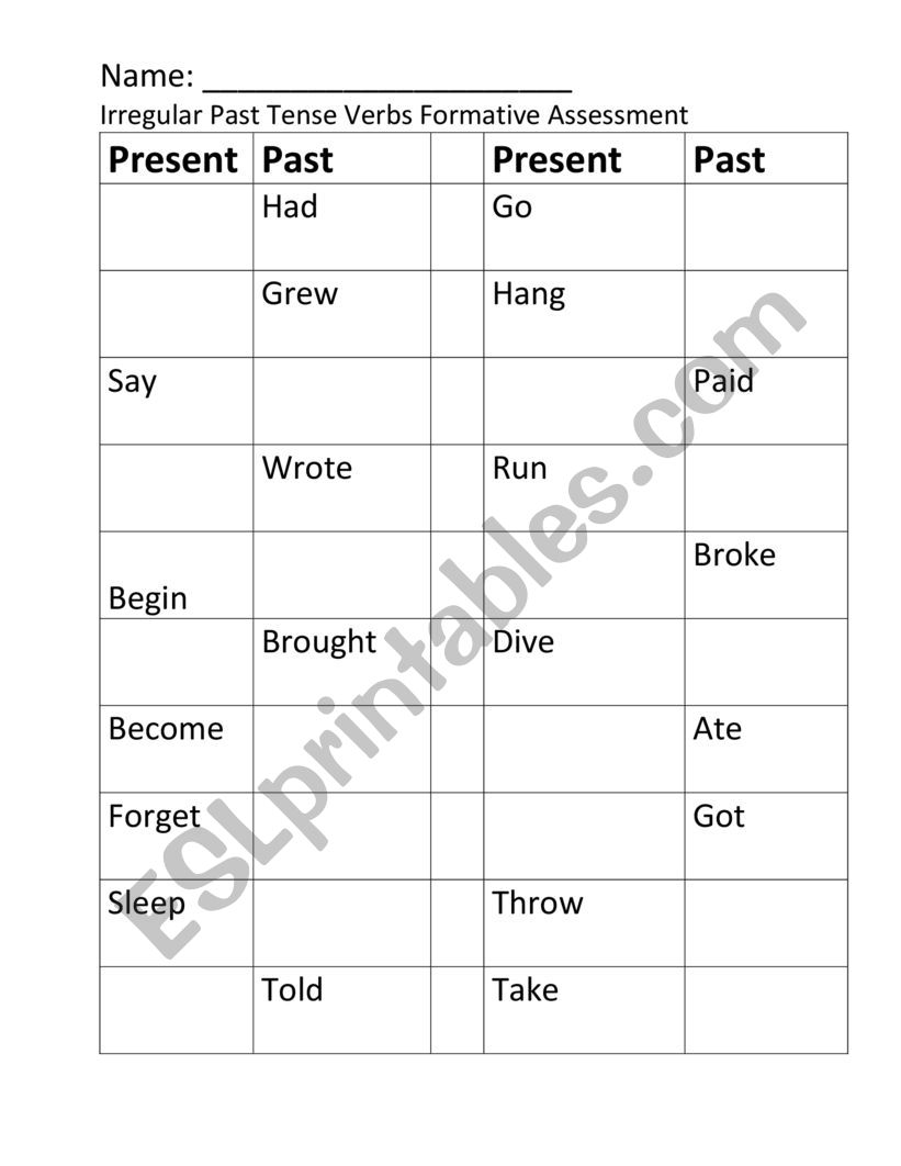 Irregular Verbs assessment worksheet