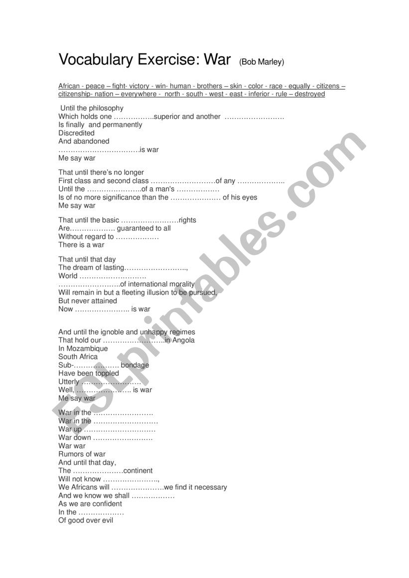 War - Bob Marley Song worksheet