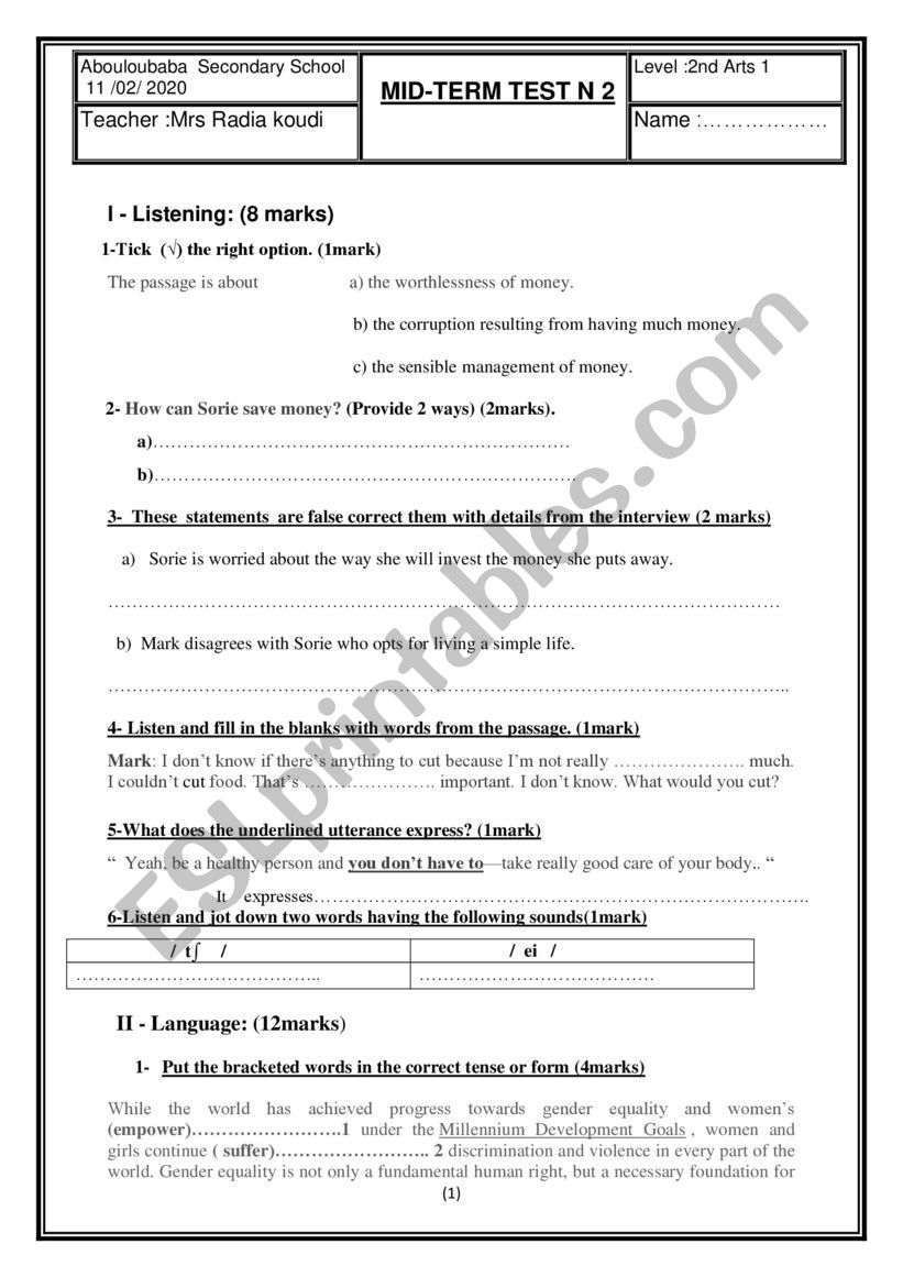 Mid - term test 2; 2nd  form worksheet