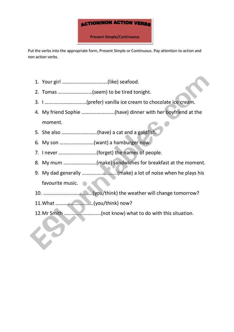 Non Action Verbs Worksheets