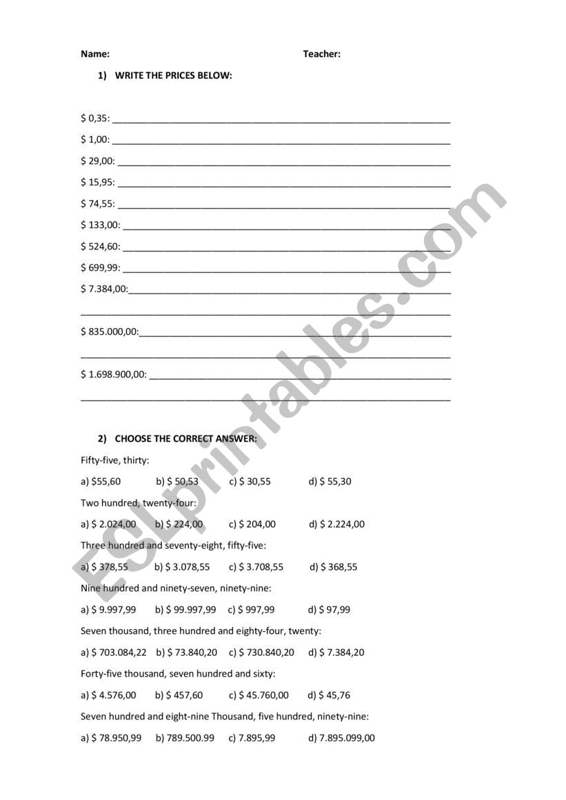 Prices worksheet