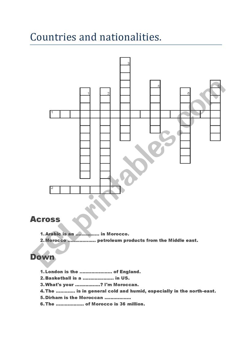 crossword puzzle game worksheet