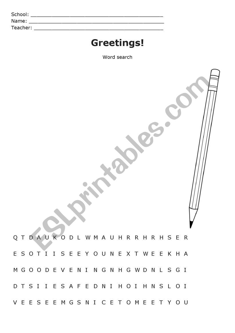 Greetings word search worksheet