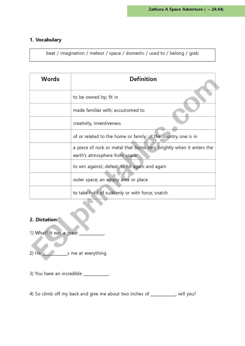 Zathura A Space Adventure worksheet 1