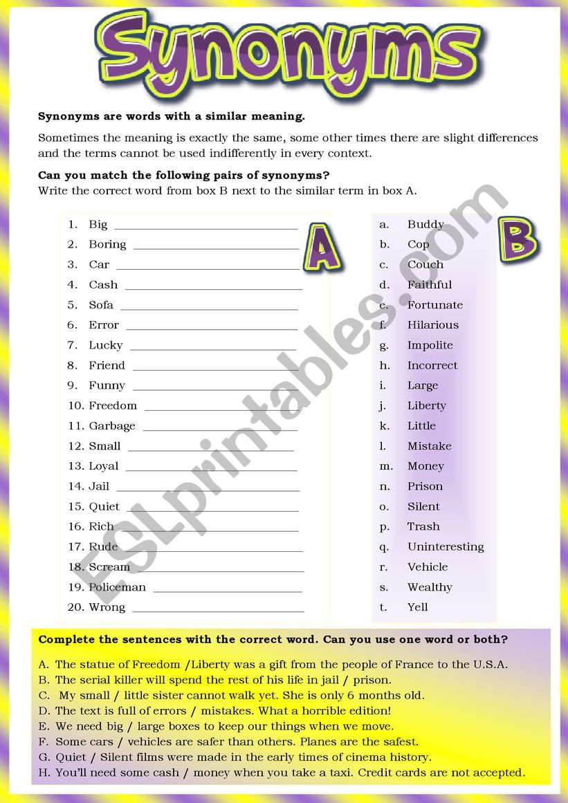 SYNONYMS worksheet