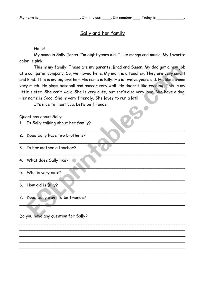 Sally and her family worksheet