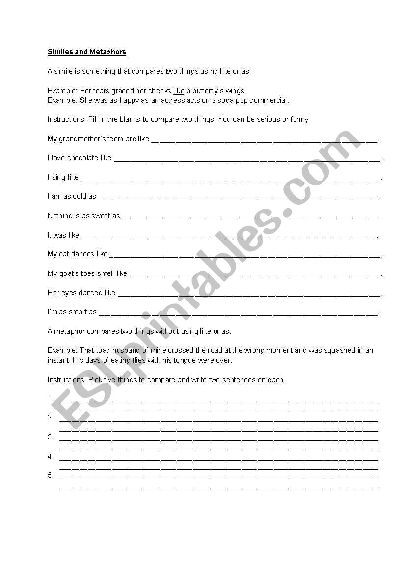 Similes and Metaphors worksheet