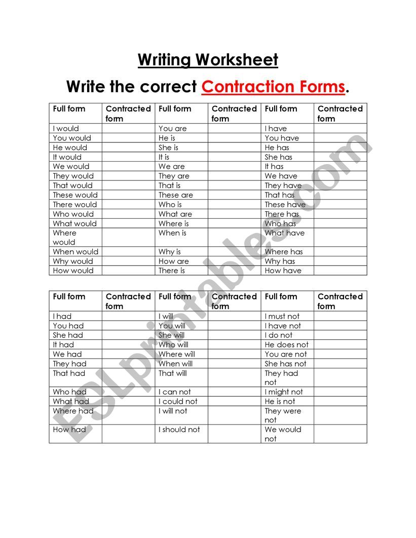 Write the contractions WORKSHEET
