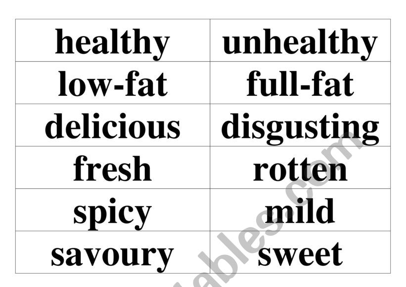 Flashcards, food adjectives  worksheet