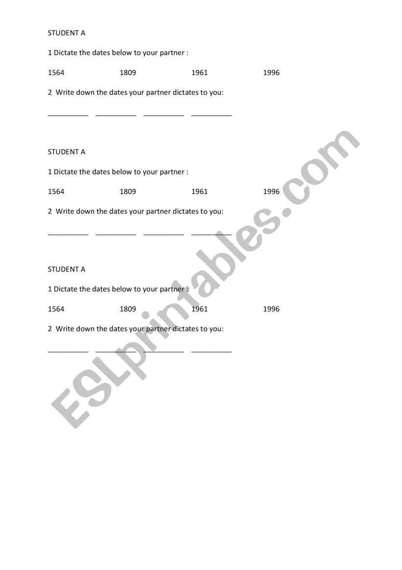 date dictation pair work worksheet