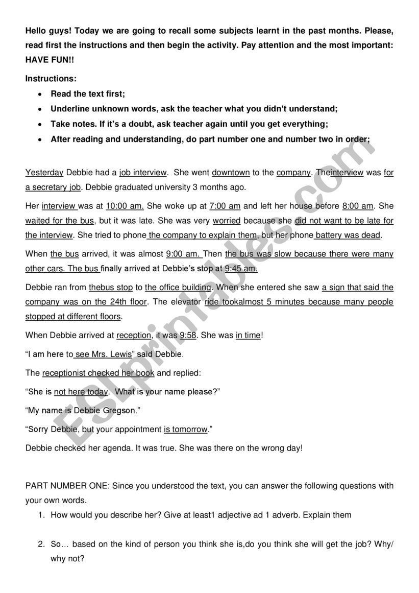 SIMPLE PAST  - rewrite text worksheet