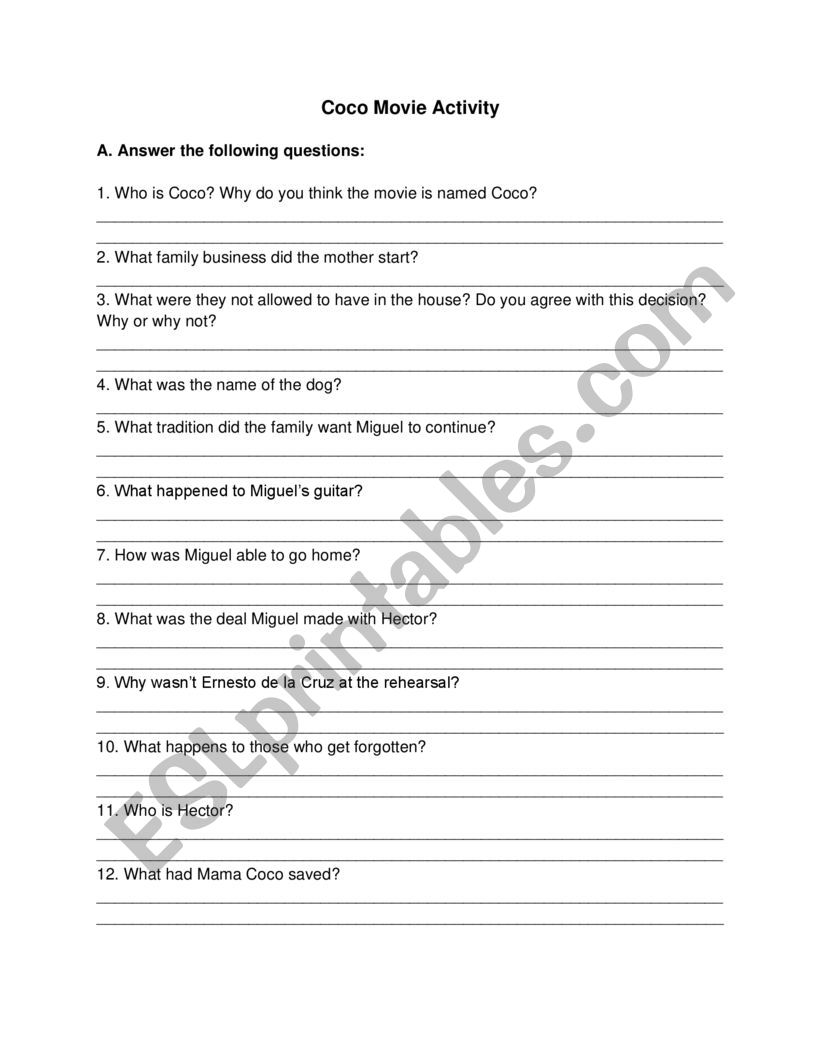 Coco Listening Comprehension Movie Activity