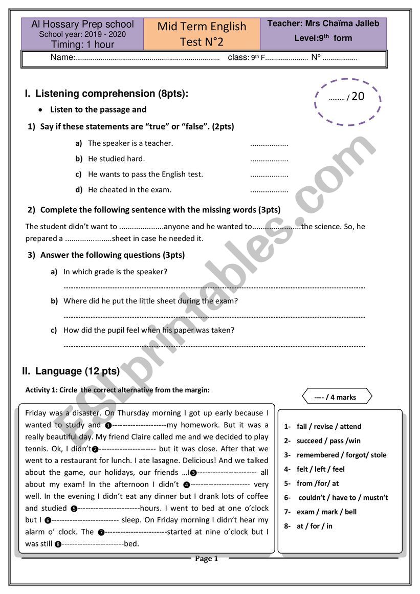 mid-term test No.2 for 9th formers Tunisian school