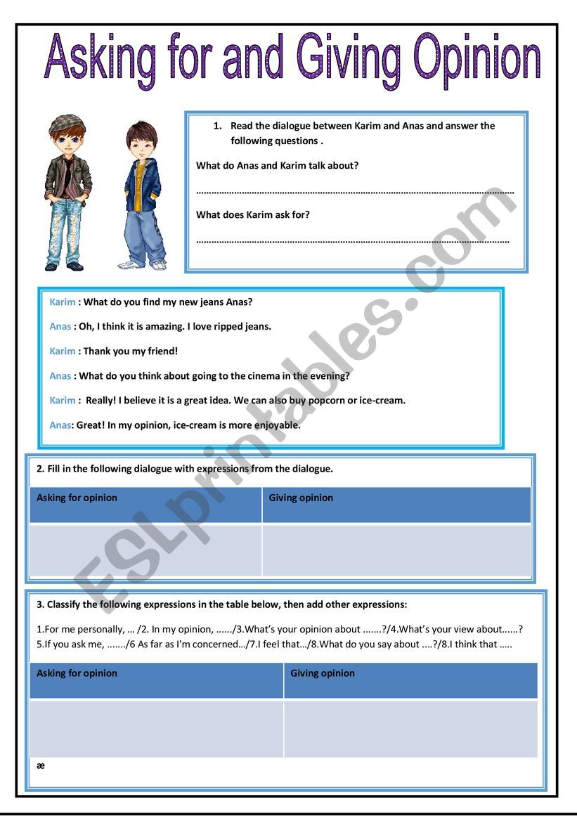 Asking for and Giving Opinion worksheet