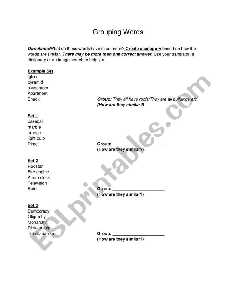 Grouping Words worksheet