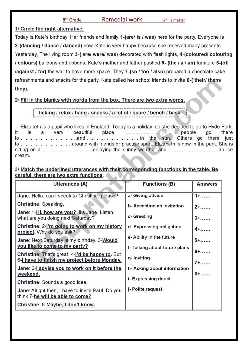 Remedial work 8th Grade/ Tunisia 