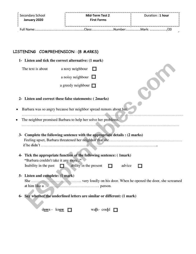 Mid-Term Test 2 First Forms worksheet