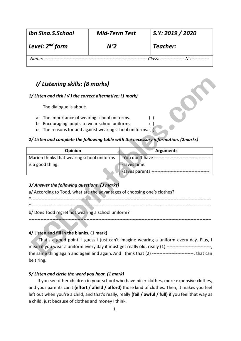 mid-term test n2 for 2nd form worksheet