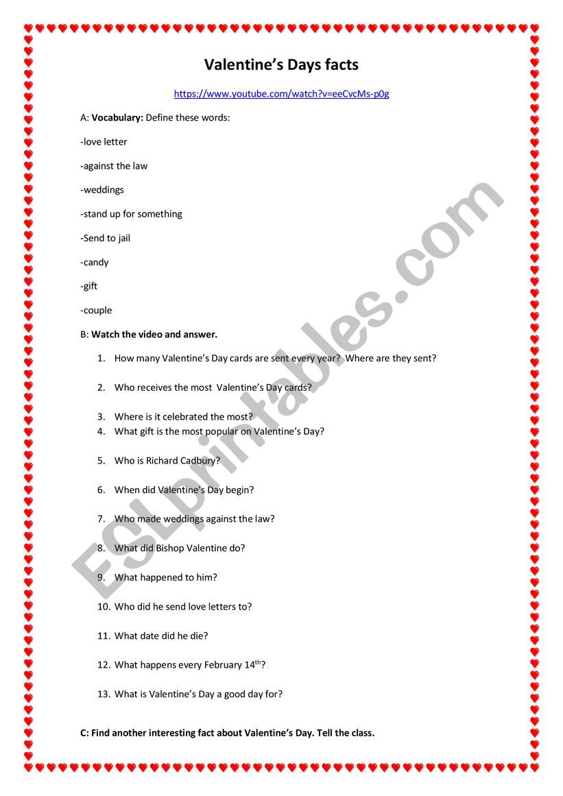 Valentine�s Day Facts video worksheet