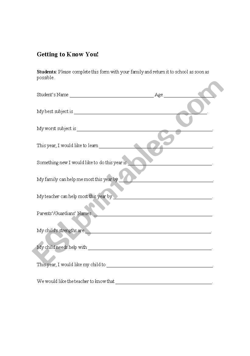 Getting to know you! worksheet