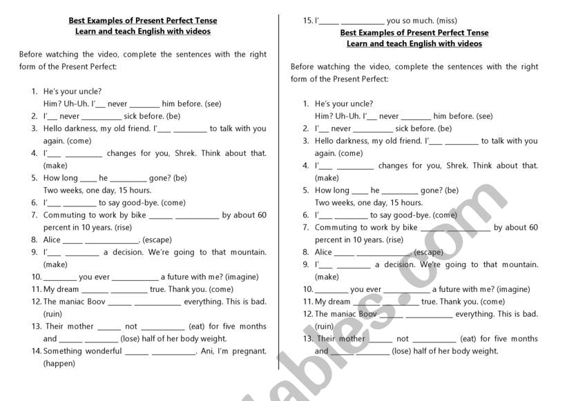 Present Perfect & Videos worksheet