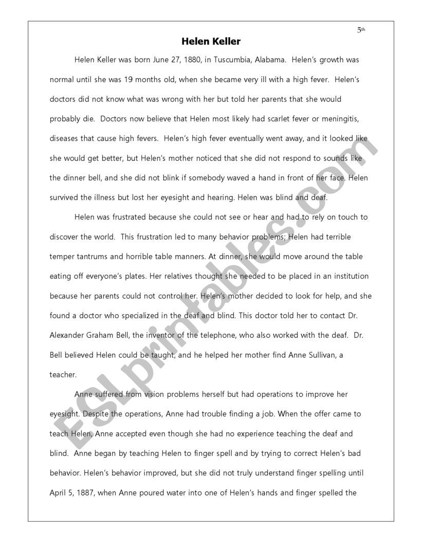 Hellen Keller biography worksheet