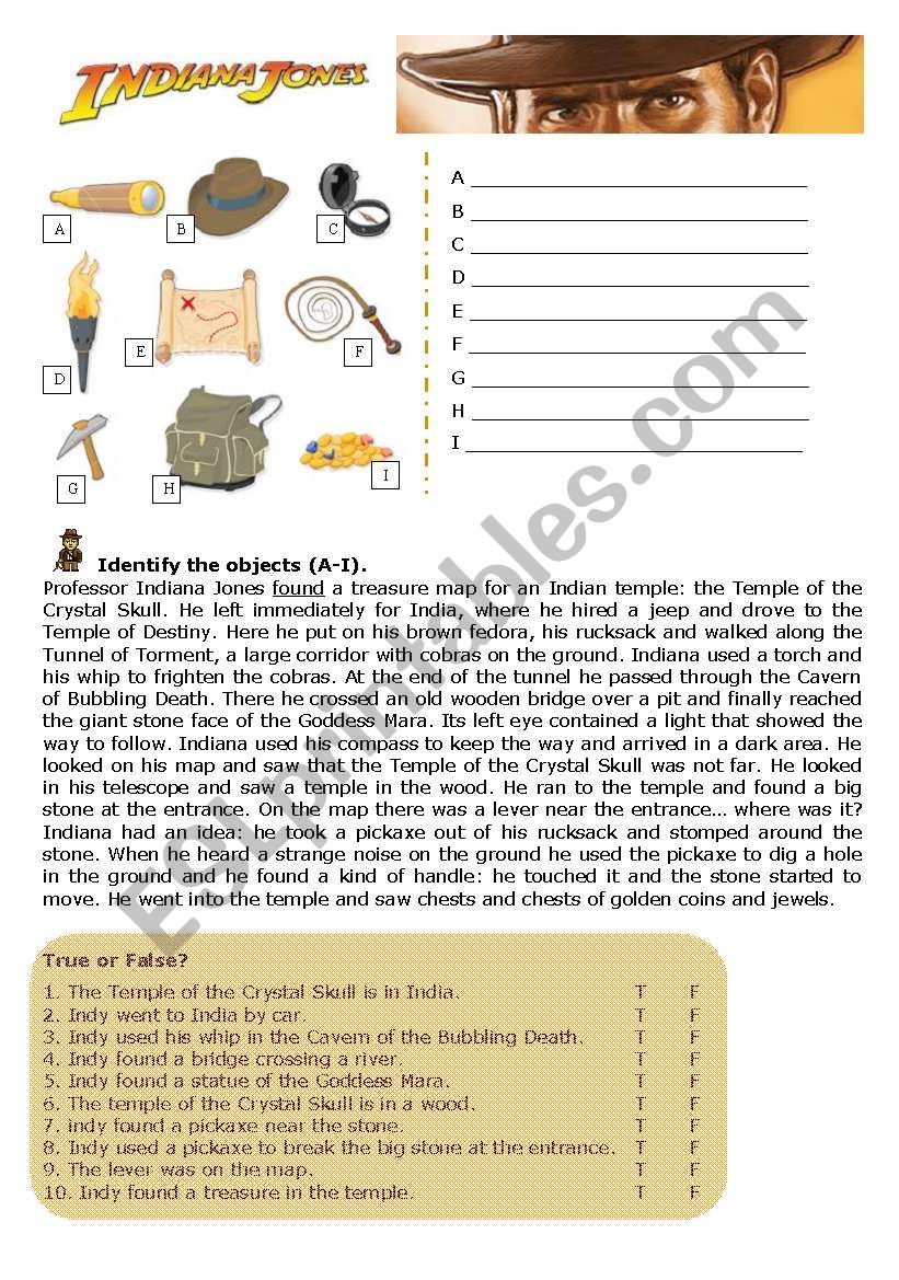 Indiana Jones Adventure worksheet