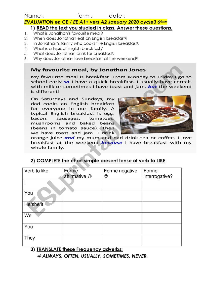 Final TEST elementary level A1+/ A2 6me BREAKFAST, my favourite meal & frequency adverbs 