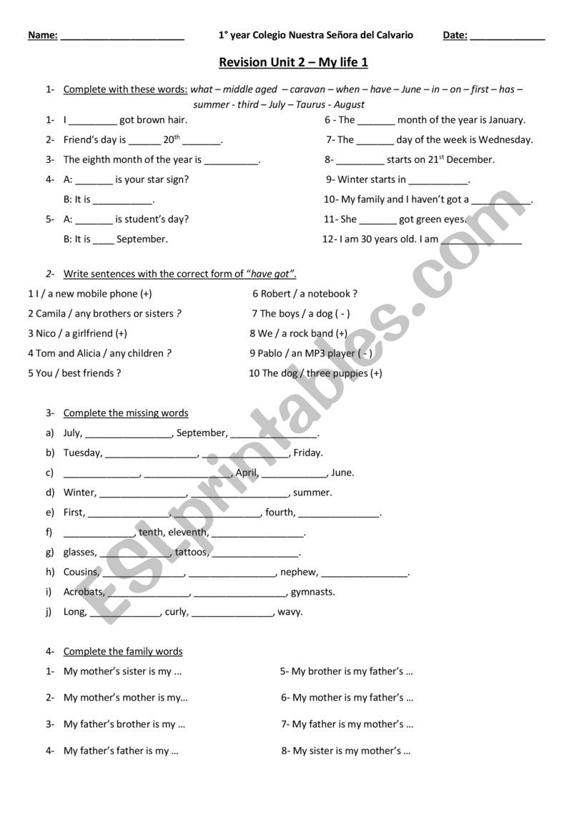 Revision Unit 2 - My Life 1 worksheet