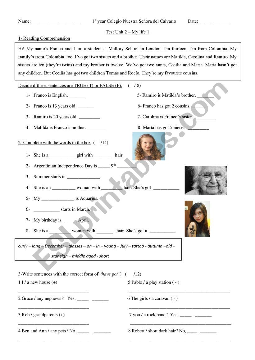 Test Unit 2 - My Life 1 worksheet