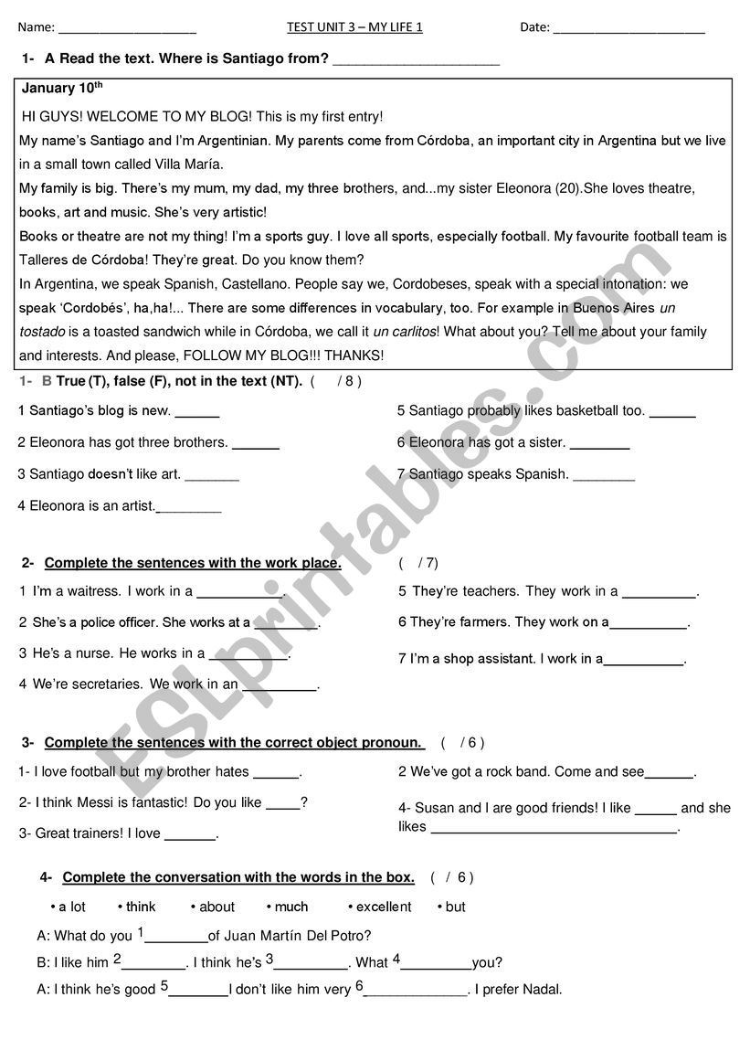 Test Unit 3 - My Life 1 worksheet