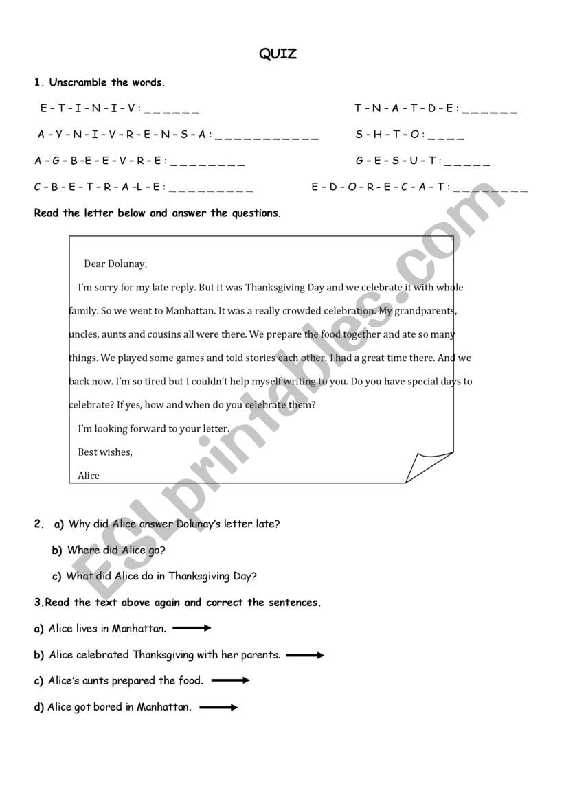 Celebrations worksheet