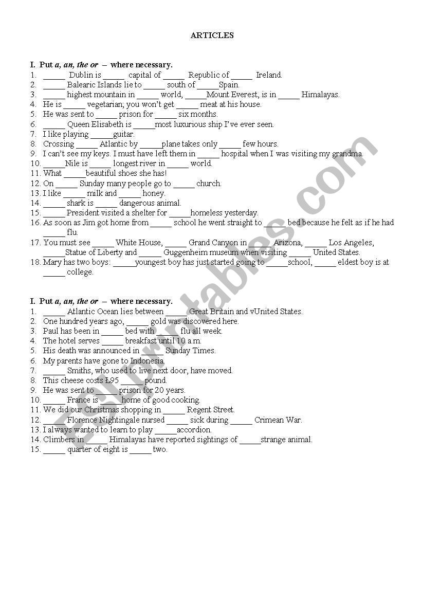 Articles worksheet