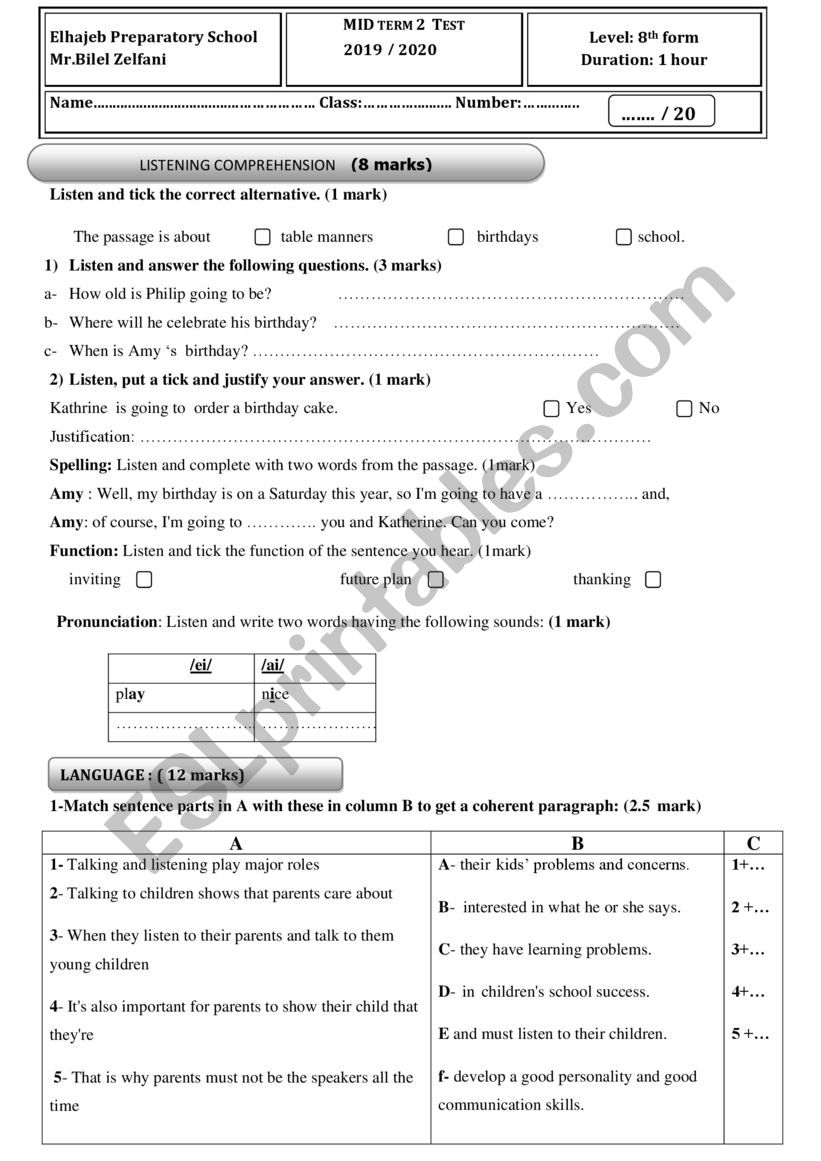 Mid -Term 2 English test worksheet