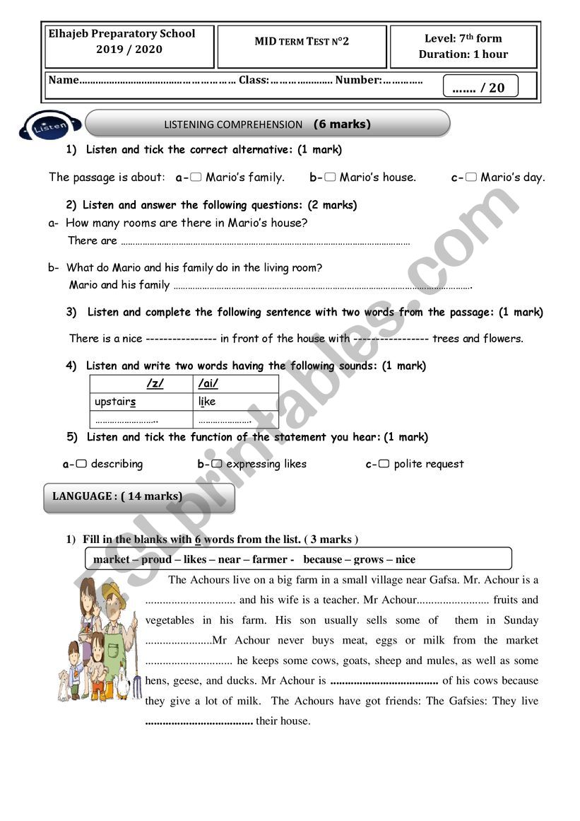 7th form Mid-Term 2 English test