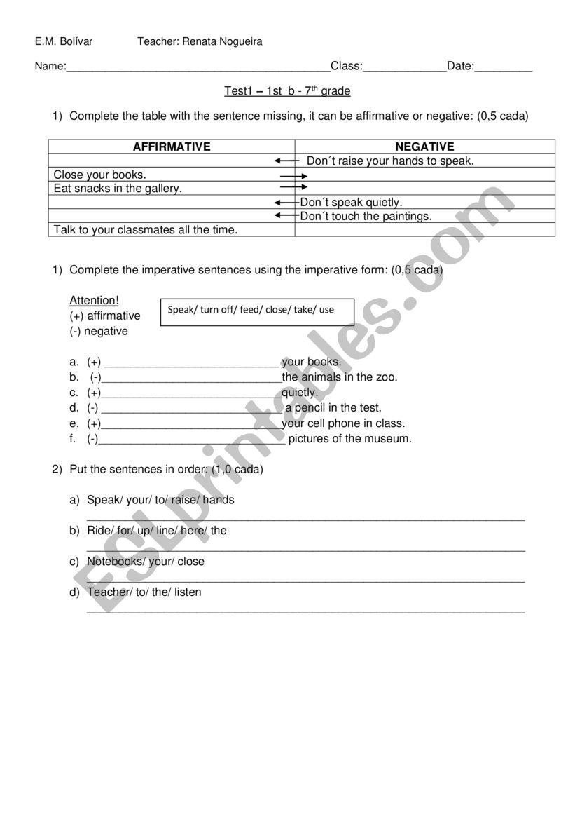 The Imperative form test worksheet