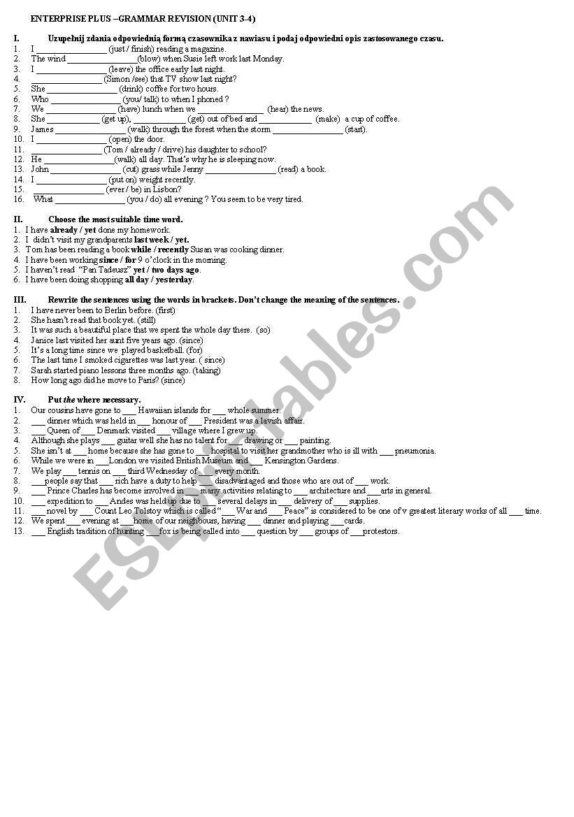 ENTERPRISE PLUS –GRAMMAR REVISION (UNIT 3-4)