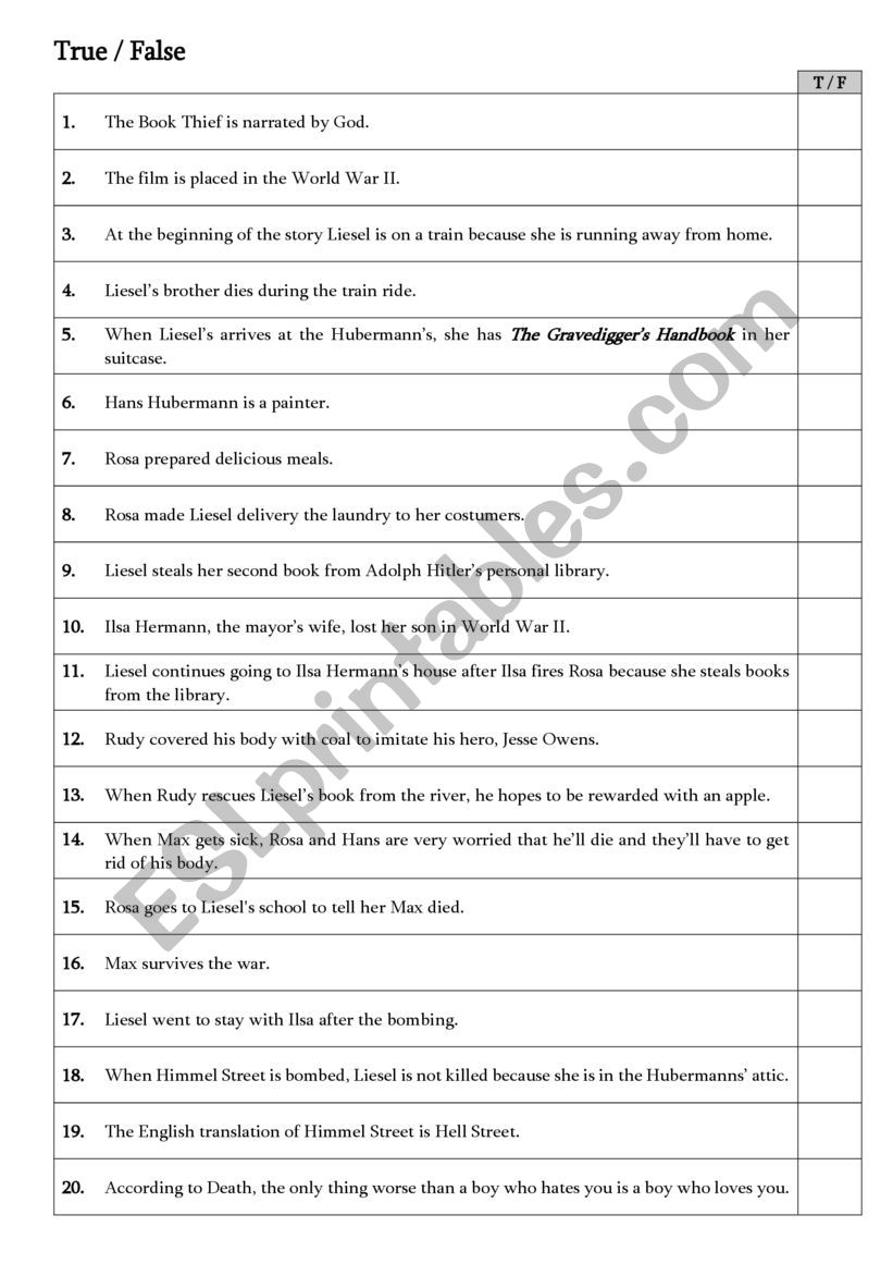 The Book Thief worksheet