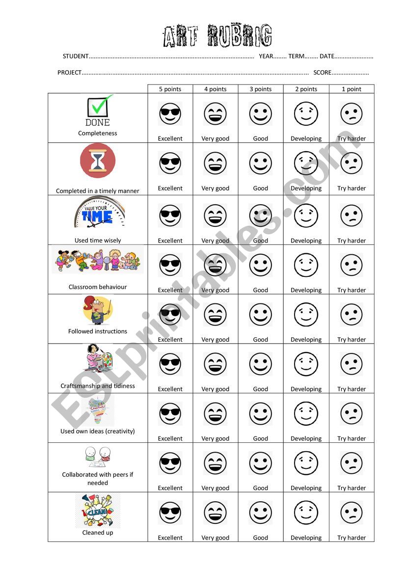 RUBRIC FOR ARTWORK ASSESSMENT worksheet