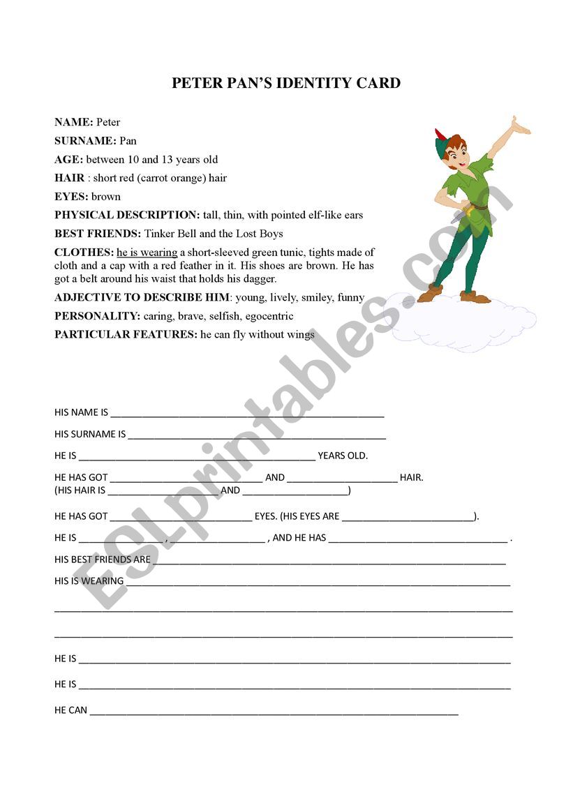 Peter pan�s identity card worksheet