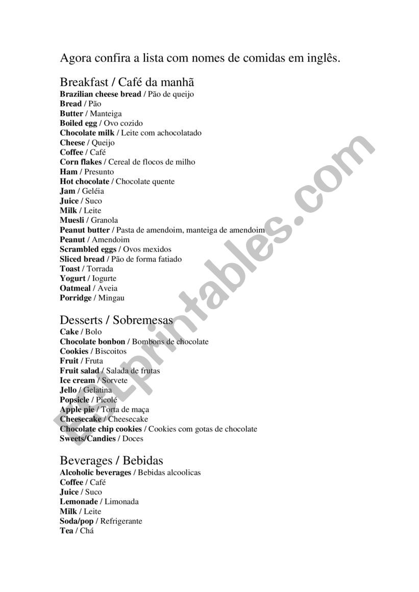 food worksheet