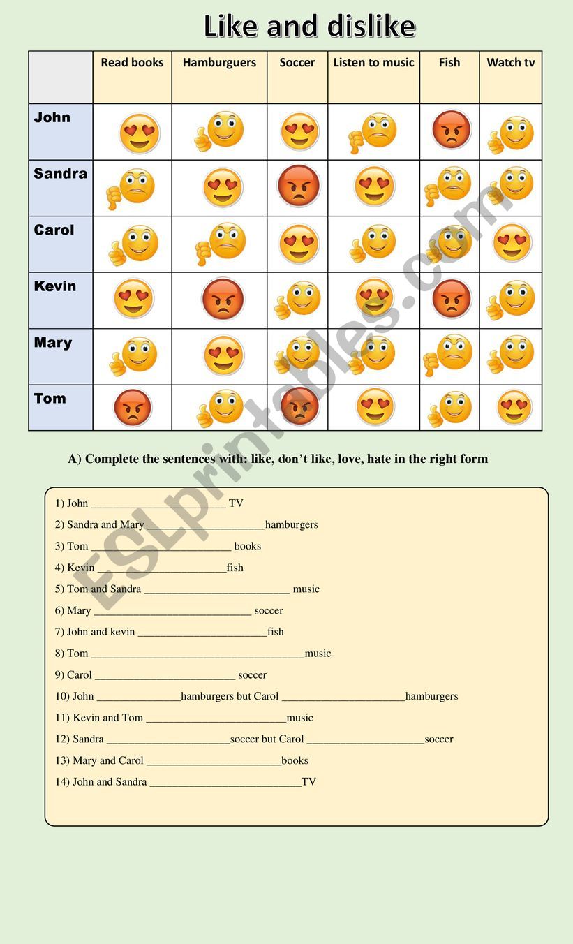 like and dislike worksheet