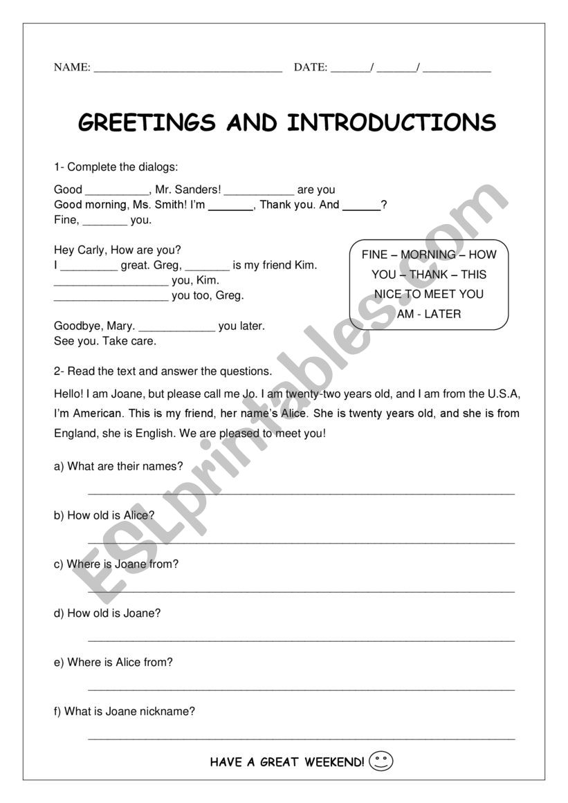 Greetings and introductions worksheet