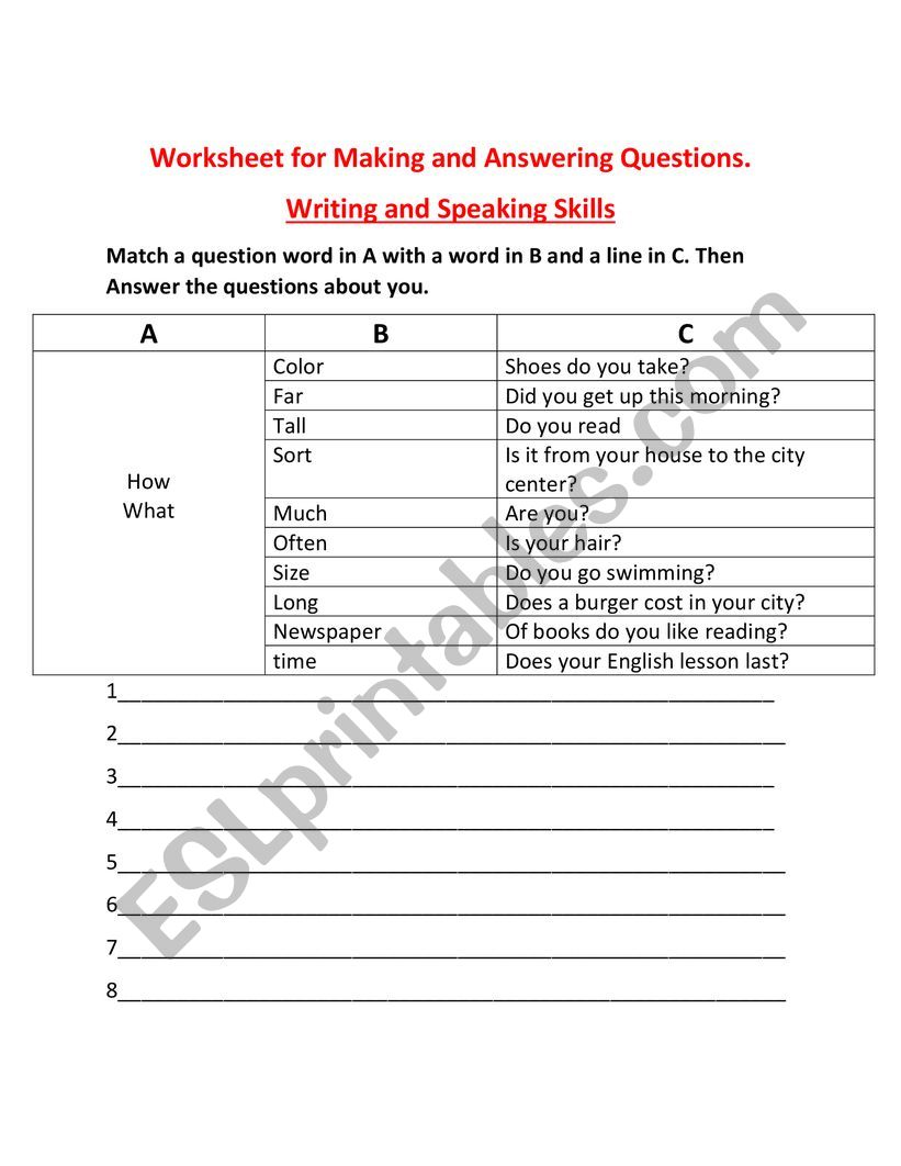 Worksheet for WH words Questions: Speaking and Writing tasks