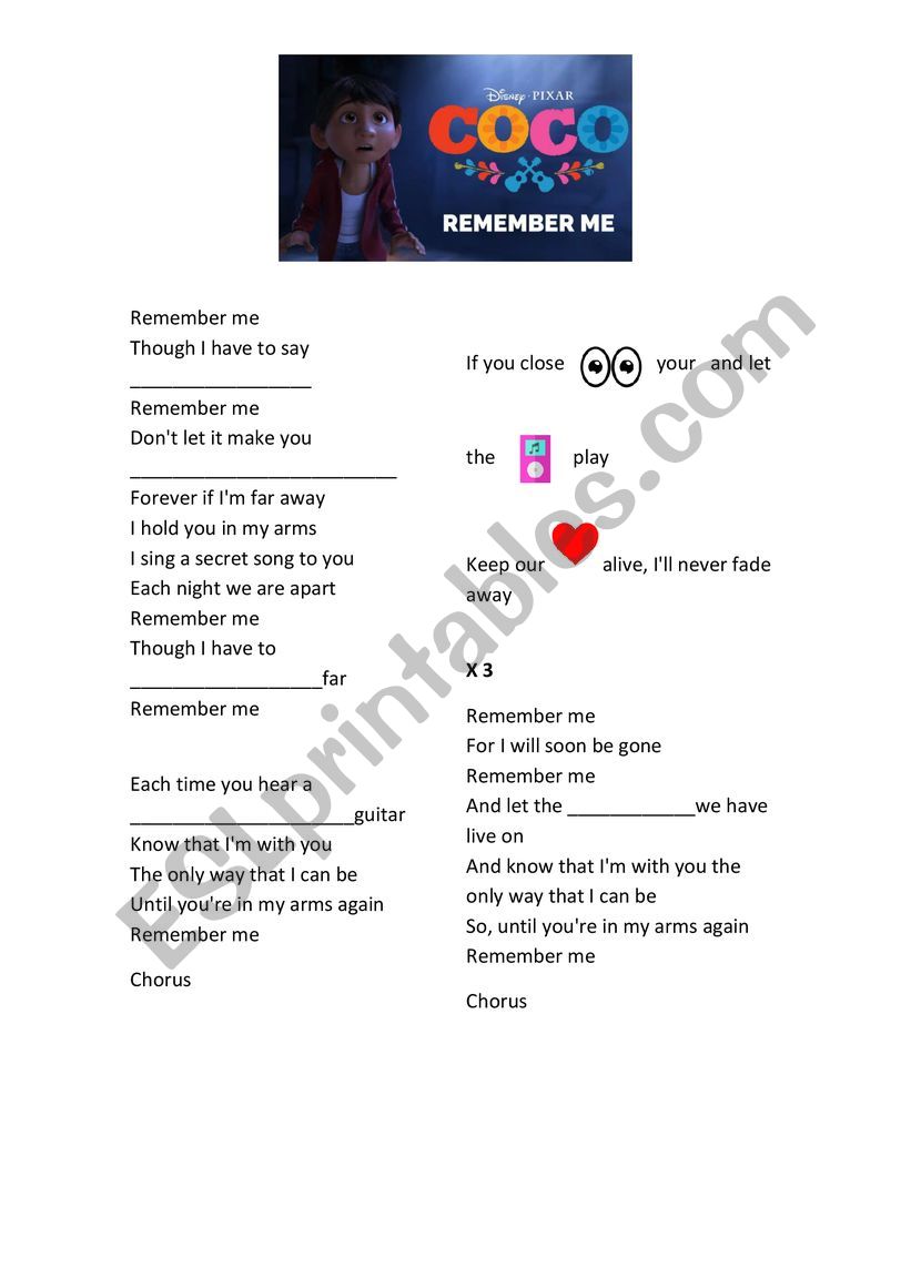 Remember Me - Coco Film Song worksheet