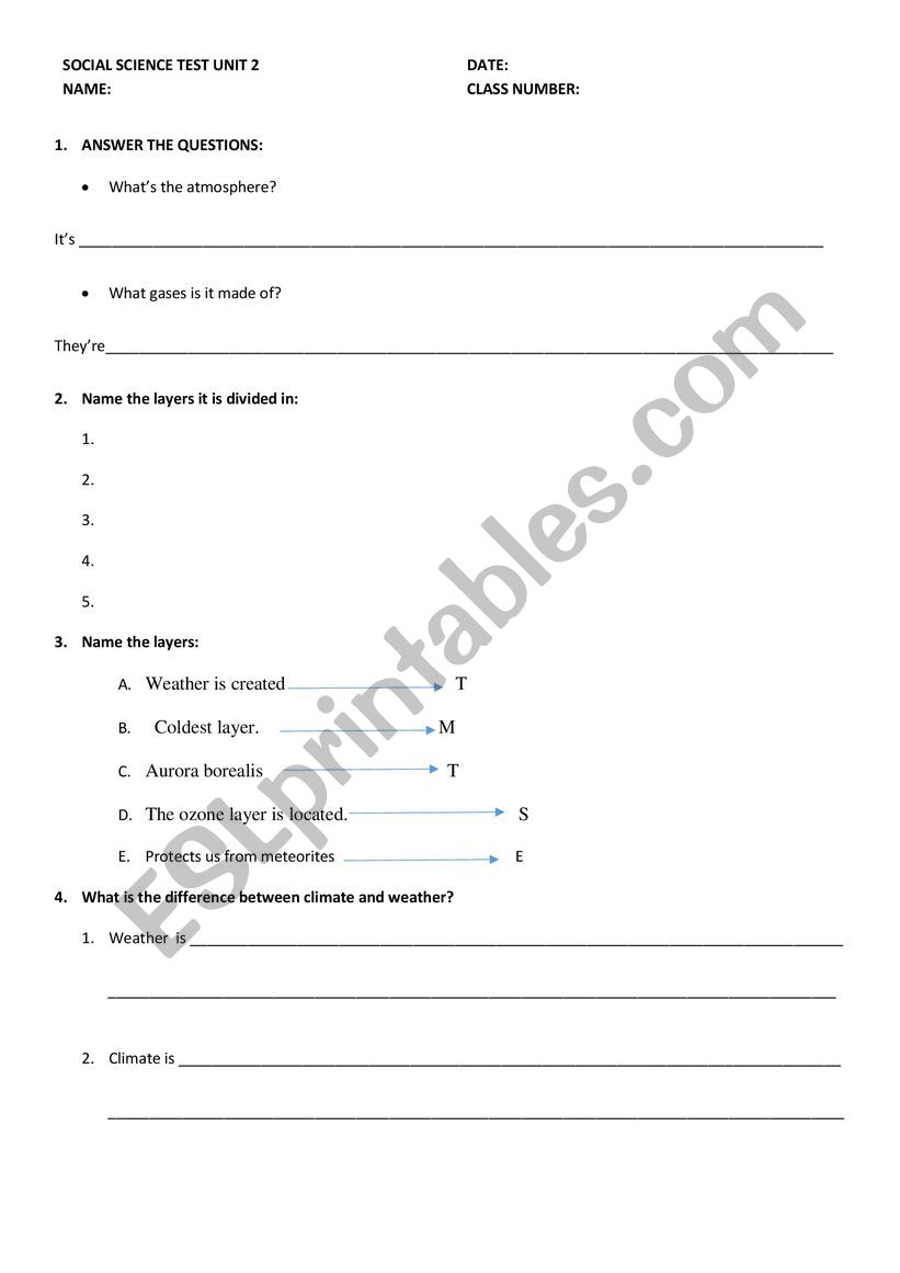 SOCIAL TEST UNIT 2. ATMOSPHERE WEATHER AND CLIMATE