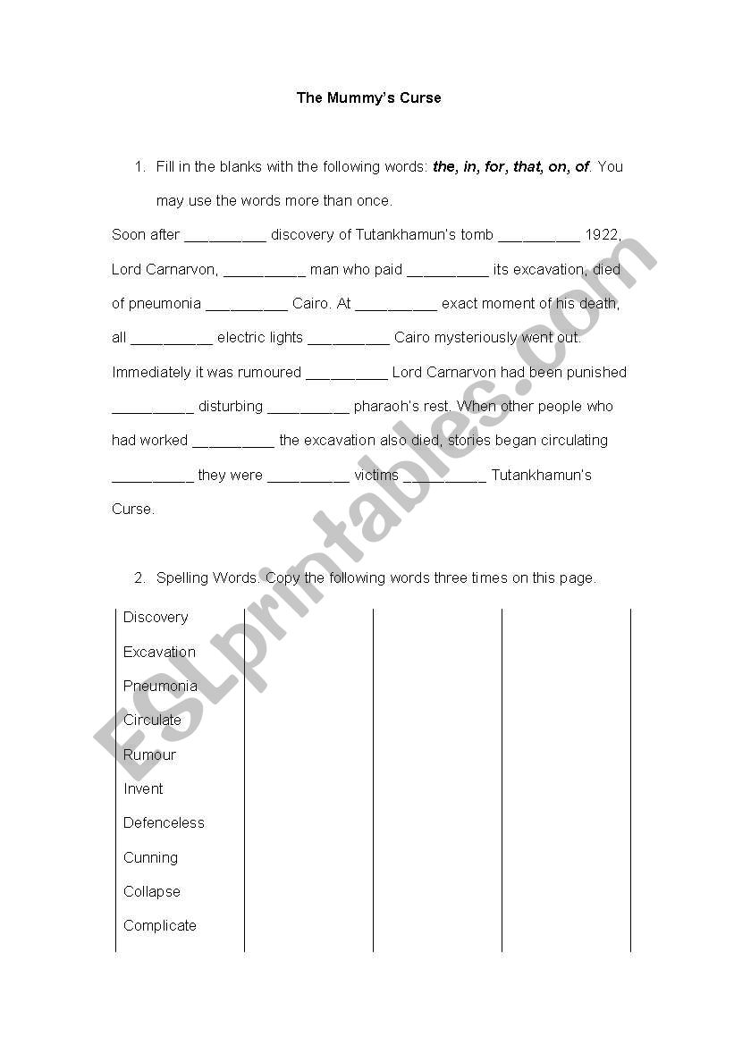 The Mummys Curse worksheet