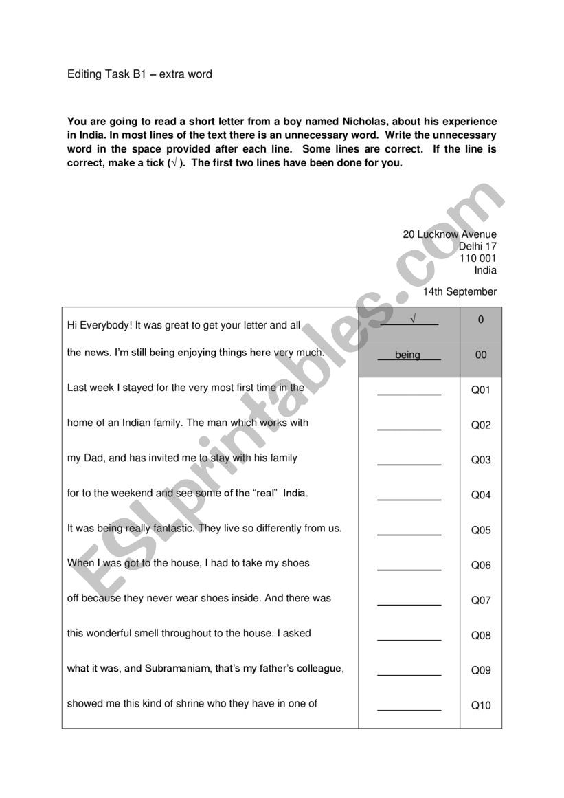 Editing Task B1 - India worksheet