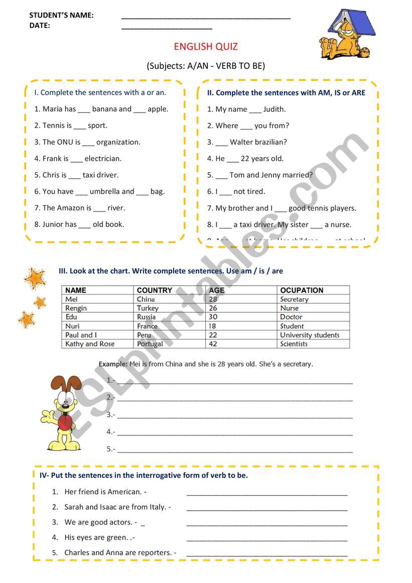 a/an & Verb to Be worksheet