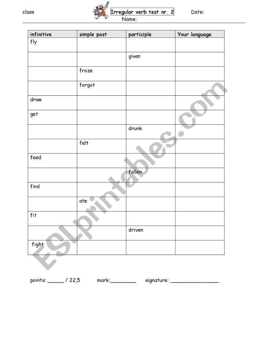 Irregular verbs test 2 worksheet